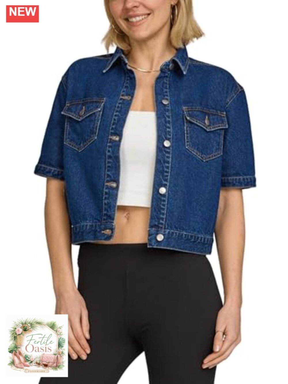 Cropped Short Sleeve Denim Jacket Women Button Front Lightweight